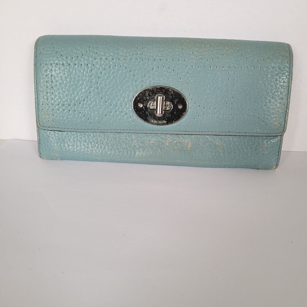 Kate Spade Clutch Wallet Light Baby Blue Leather Logo Large Envelope Turnlock
